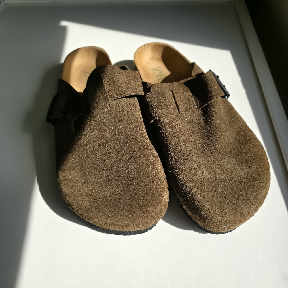 ZARA Brown Suede Buckle Clogs | Size 39 | Birkenstock Style Mules - Picture 2 of 4